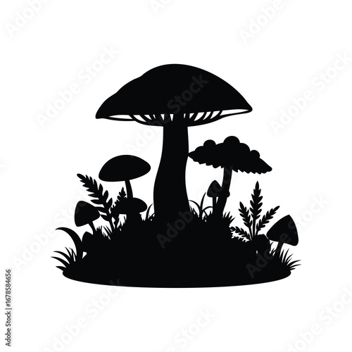 Black silhouette illustration of various mushrooms and ferns on a patch of land, mushroom and fungi ecosystem silhouette vector illustration