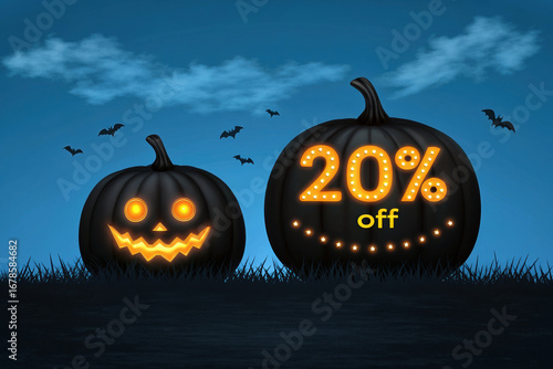 Halloween 20 Percent Off Promotion with Pumpkins and Bats for Autumn Discounts and Seasonal Sales
