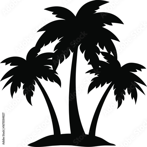 Silhouette of three palm trees on a small island against a bright sunny sky symbolizing tropical paradise vacation silhouette