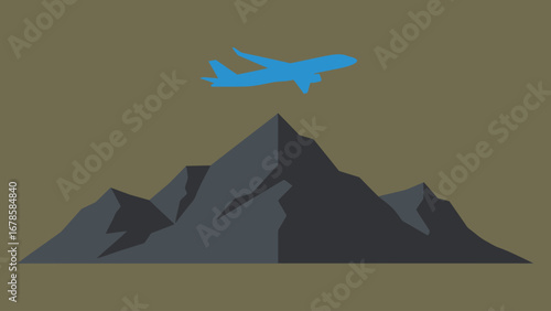 Minimal flat vector of an airplane flying above a mountain peak, symbolizing travel and adventure, sharp and modern, high resolution