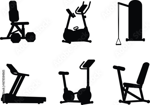 black silhouette gym machines, leg press, elliptical trainer, lat pulldown, treadmill, exercise bike, chest press, fitness equipment, workout gear, vector cad drawing flat illustration
