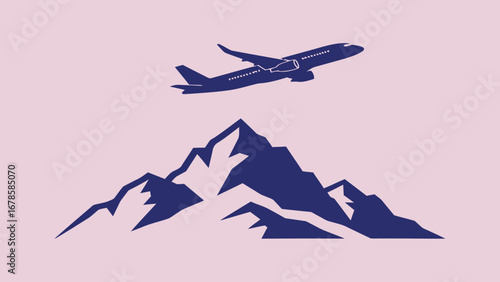 Minimal flat vector of an airplane flying above a mountain peak, symbolizing travel and adventure, sharp and modern, high resolution
