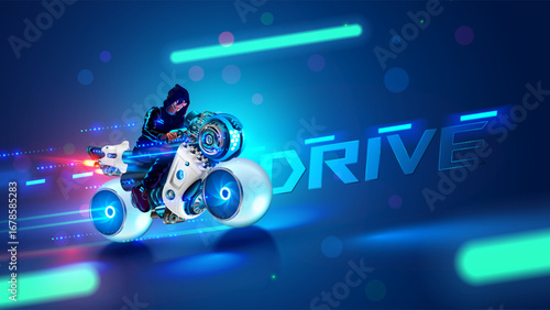Futuristic Motorcycle on road racing at full speed in cyberspace. Biker rider on sci-fi racing cyber motorbike with spherical wheels. Future biker on Motorbike with neon trail in virtual reality.