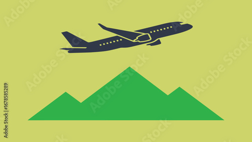 Minimal flat vector of an airplane flying above a mountain peak, symbolizing travel and adventure, sharp and modern, high resolution