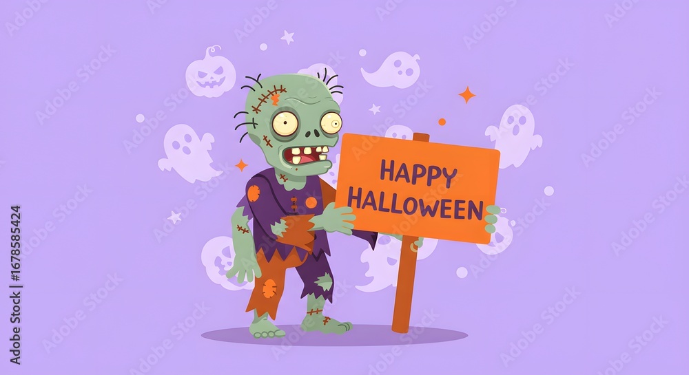 Fototapeta premium Happy Halloween Zombie Character Holding Holiday Sign Fun Illustration