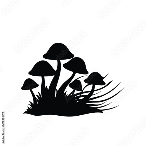 Silhouette of mushrooms and foliage on a white background creating a graphic design, mushroom spores in the wind silhouette vector illustration