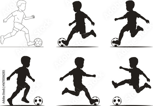 Child playing soccer silhouette set, running and kicking ball, sports action poses, football player motion sequence, black vector illustration, athletic activity design