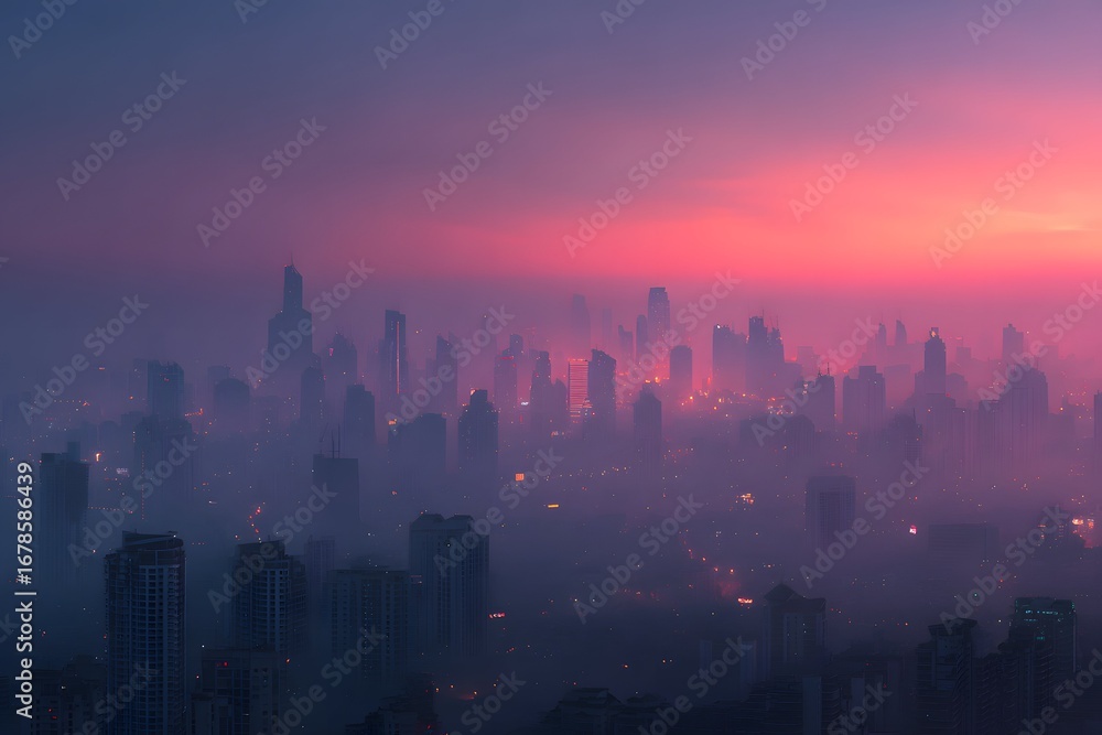 Fototapeta premium haze cloaks the dawn city evoking quiet hopeful longing for ambitious brands.