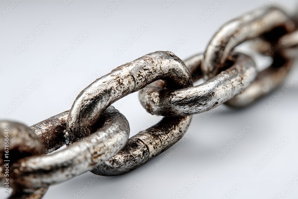 Fototapeta premium Friendly link concept with metal chain links on white backdrop symbolizing strength bond togetherness