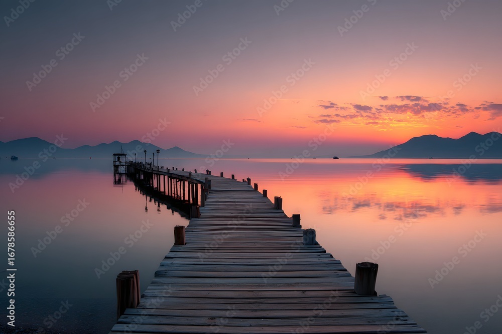 Fototapeta premium Pier stretching over tranquil lake at sunset perfect for travel blogs adventure ads or chill vibes.