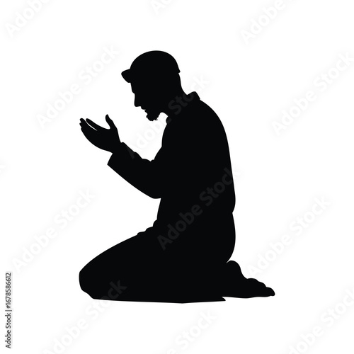 Silhouette of a man kneeling in prayer with his hands raised upward, muslim man making dua silhouette vector illustration
