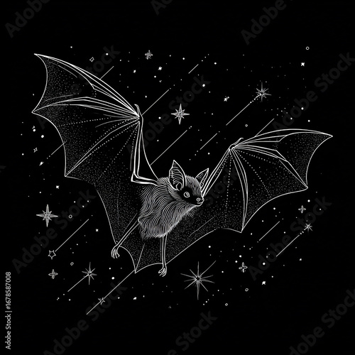 Stylized line art of a black bat arching its back, surrounded by stars and sparkles
