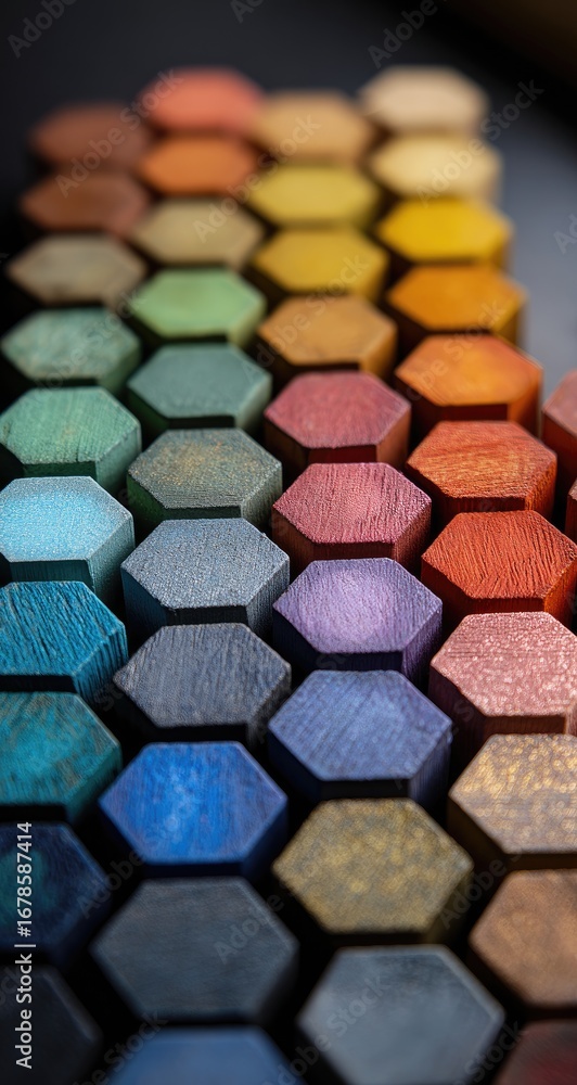 Fototapeta premium Close-up of colorful, hexagonal wooden blocks