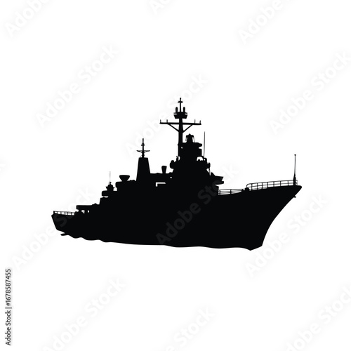 Silhouette of a modern naval warship, with advanced radar systems and powerful weaponry, naval warship silhouette vector illustration