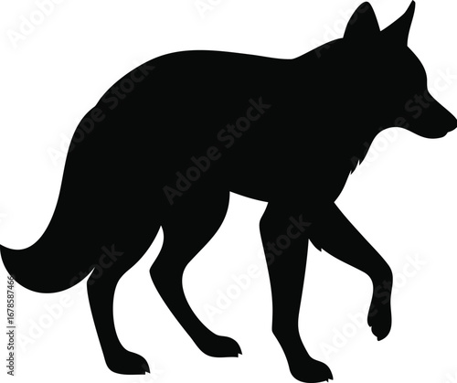 Striking black silhouette of a fox in profile walking gracefully and alertly with detailed features silhouette