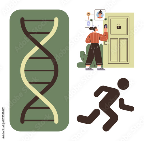 DNA strand, individual using biometric authentication for secure access, running silhouette. Ideal for identity verification, cybersecurity, data protection, privacy, technology, biometrics forensic
