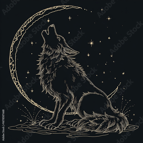 Abstract line art of a werewolf howling at the moon, simple contour lines