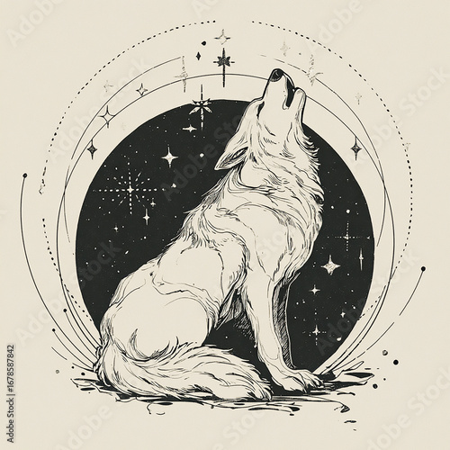 Abstract line art of a werewolf howling at the moon, simple contour lines