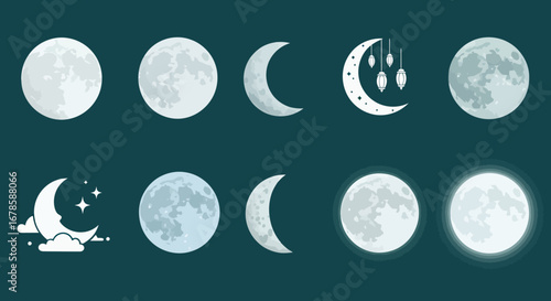 Collection of vector illustrations of different moon phases and styles, perfect for adding a celestial touch to your designs and projects with transparent background.