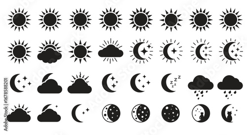 A comprehensive collection of sun, moon, and weather icons presented as clean, flat black silhouettes, perfect for graphic design and forecasting applications.