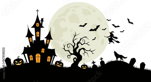 Spooky haunted mansion silhouette under a large full moon with a witch flying and a howling wolf on Halloween night.