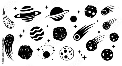 A celestial vector illustration showcases a collection of stylized planets, stars, comets, and cosmic elements, perfect for astronomy-themed designs and educational resources.