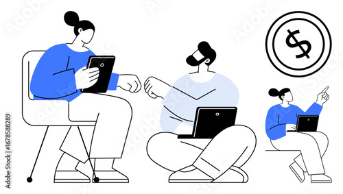 People using laptops and tablets in a collaborative setting near a financial icon. Ideal for teamwork, digital finance, innovation, strategy planning, remote work, fintech, and technology. Flat