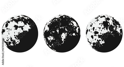 A captivating trio of stylized moon illustrations, rendered in stark black and white, depicting various lunar phases with a modern, graphic vector aesthetic.