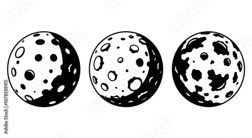 Three distinct stylized black and white vector illustrations depict the moon's surface with various crater formations, ideal for celestial-themed graphic design projects.