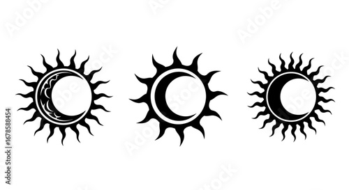 A collection of three stylized black and white vector icons depicting the celestial harmony of sun and crescent moon, ideal for mystical or astrological design projects.