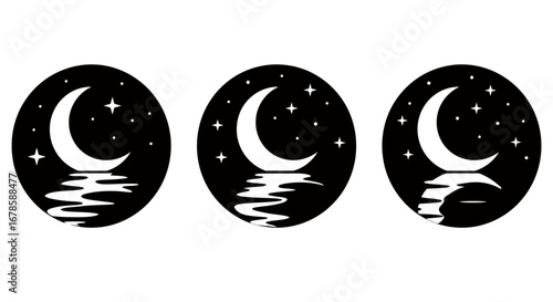 Set of vector illustrations depicting a crescent moon reflecting on water under a starry sky, presented in a simple, elegant, and minimalist style, great for design.