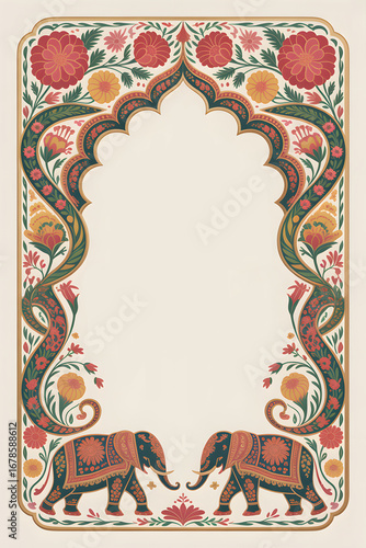 Ornate Indian Wedding Arch with Decorated Elephants. Festive Floral Frame for Grand Celebration.