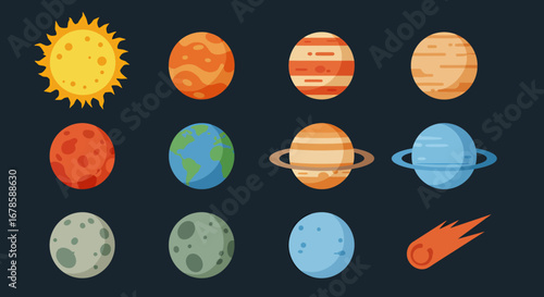 A vibrant vector illustration showcases a collection of planets, including the sun, earth, and moon, set against a deep space background, perfect for educational and design projects.