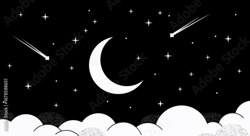 A vector illustration depicts a crescent moon shining brightly amidst a star-filled night sky, complemented by fluffy clouds and shooting stars, evoking a serene ambiance.