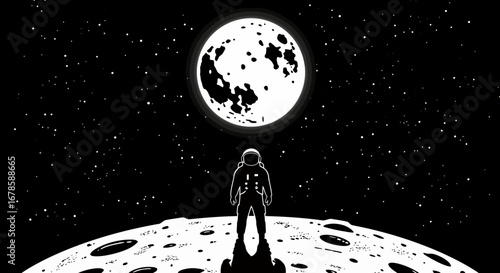 Astronaut gazes at a giant, luminous moon from the desolate lunar surface under a starry night sky.