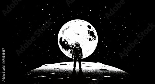 A solitary astronaut stands on a desolate lunar surface, gazing intently at the colossal full moon illuminating the vast, star-filled cosmic expanse.
