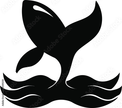 Stylized black silhouette of a majestic whale fluke emerging gracefully from ocean waves for aquatic branding silhouette