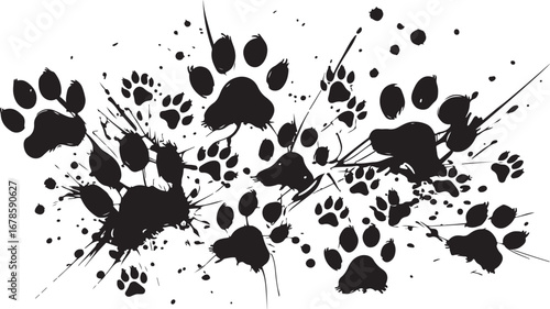 Animal Paw Prints Vector Pattern with Silhouette Design, Black and White Art, Playful, Creative, Decorative, Nature-Inspired, Tribal Elements, Artistic, Symbolic, Pet Friendly, Whimsical, Lively, Cute