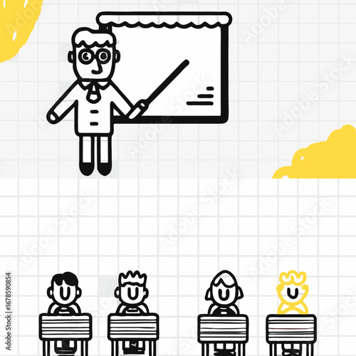 Fun and colorful doodle vector art set of back to school themed illustrations and sketches with cartoon kids, notebooks, and pencils