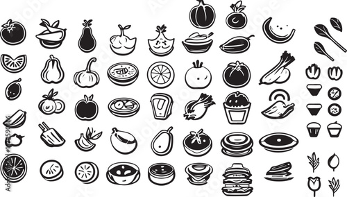 Food and Drink Vector Illustrations with Summer Theme, Refreshing Dessert, Beverage, Picnic Icons, Black and White Art, Creative, Delicious, Fun, Holiday, Culinary, Sweet Treats, Decorative, Illustrat