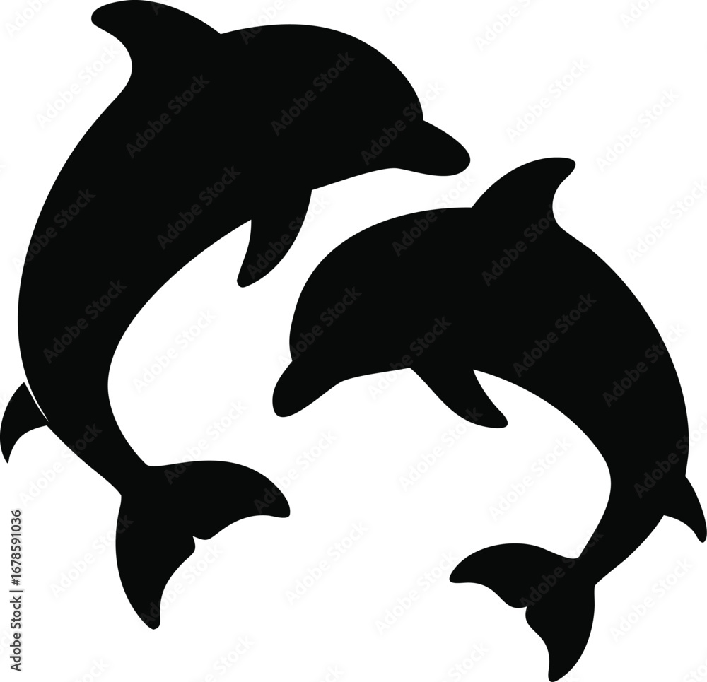 Fototapeta premium Two majestic black dolphin silhouettes leaping gracefully together in a synchronized aquatic dance underwater ocean life silhouette