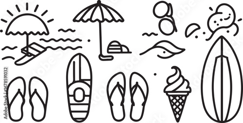 Food and Drink Vector Illustrations with Summer Theme, Refreshing Dessert, Beverage, Picnic Icons, Black and White Art, Creative, Delicious, Fun, Holiday, Culinary, Sweet Treats, Decorative, Illustrat