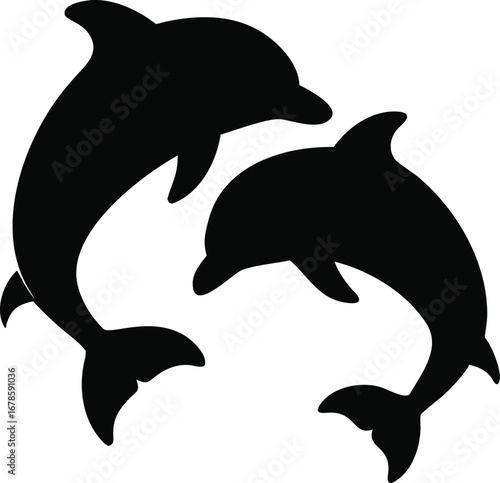 Two majestic black dolphin silhouettes leaping gracefully together in a synchronized aquatic dance underwater ocean life silhouette