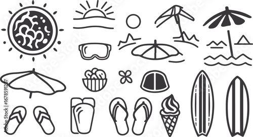 Summer Beach Vector Icons with Umbrella, Sunglasses, Flip-flops, Vacation Elements, Black and White Design, Tropical Fun, Seaside, Creative, Illustrative, Coastal Vibes, Relaxation, Leisure, Holiday, 