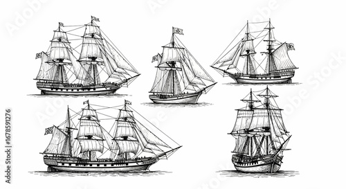 Five detailed, monochrome sketches of vintage sailing ships, each with multiple masts and billowing sails, depicted against a white background.