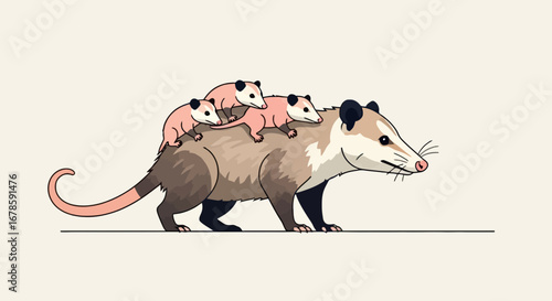 Illustration of an opossum carrying three baby opossums on its back, walking on a line against a beige background.
