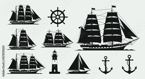 Collection of nautical themed vector graphics featuring sailing ships, a ship's wheel, lighthouse, sailboat and anchors, all in black silhouette.
