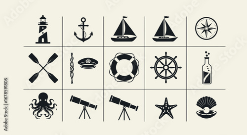 A collection of nautical themed icons including a lighthouse, anchor, sailboats, compass, oars, captain's hat, life preserver, ship wheel, bottle, octopus, t...