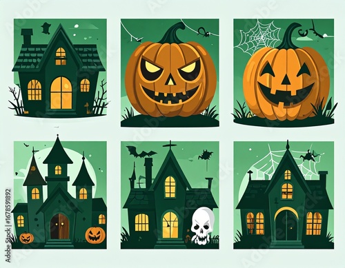 Spooky Halloween Icons: Haunted Houses, Jack-o'-Lanterns, and Skulls