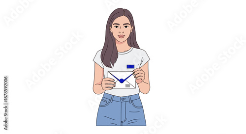 Young Woman Holding an Envelope Announcement, Invitation, or Message Delivery